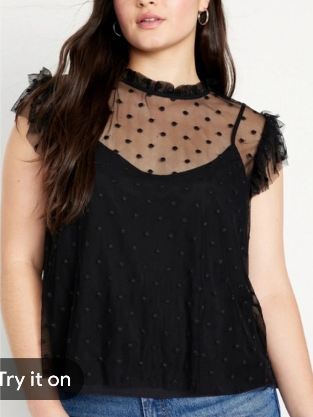 NWT Old Navy women’s Black Polka Dot Ruffle Sleeve with tank liner Top